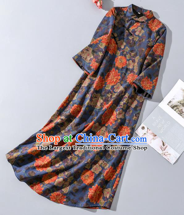 Asian Chinese Classical Peony Pattern Cheongsam Traditional Deep Blue Silk Long Qipao Dress Woman Clothing
