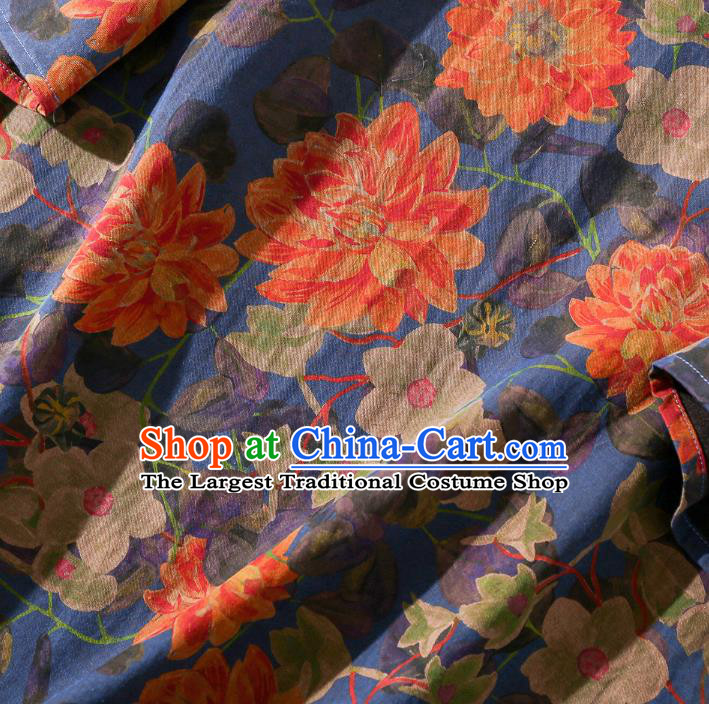 Asian Chinese Classical Peony Pattern Cheongsam Traditional Deep Blue Silk Long Qipao Dress Woman Clothing