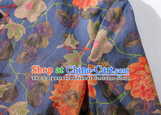 Asian Chinese Classical Peony Pattern Cheongsam Traditional Deep Blue Silk Long Qipao Dress Woman Clothing