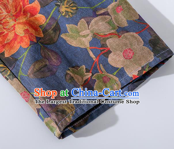 Asian Chinese Classical Peony Pattern Cheongsam Traditional Deep Blue Silk Long Qipao Dress Woman Clothing