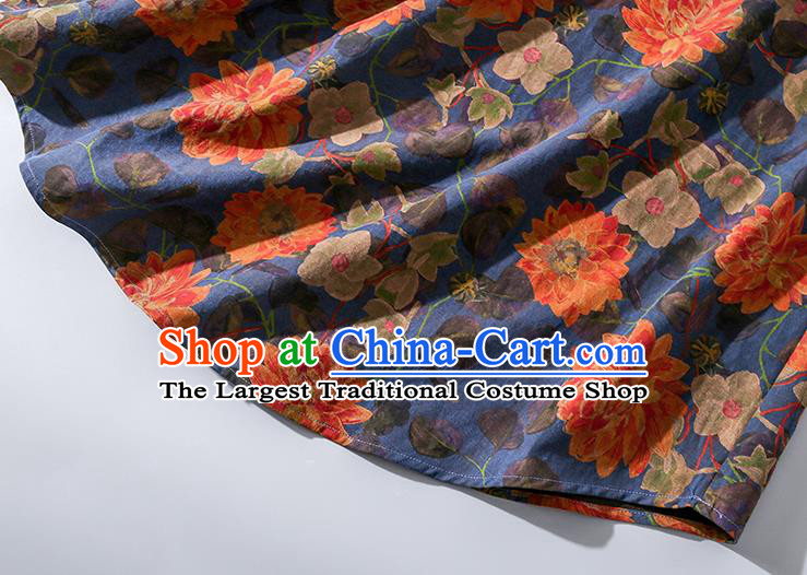 Asian Chinese Classical Peony Pattern Cheongsam Traditional Deep Blue Silk Long Qipao Dress Woman Clothing