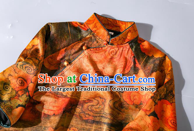 Asian Chinese Traditional Orange Silk Long Qipao Dress Woman Clothing Classical Clouds Pattern Cheongsam