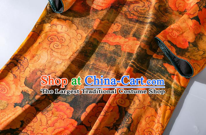 Asian Chinese Traditional Orange Silk Long Qipao Dress Woman Clothing Classical Clouds Pattern Cheongsam