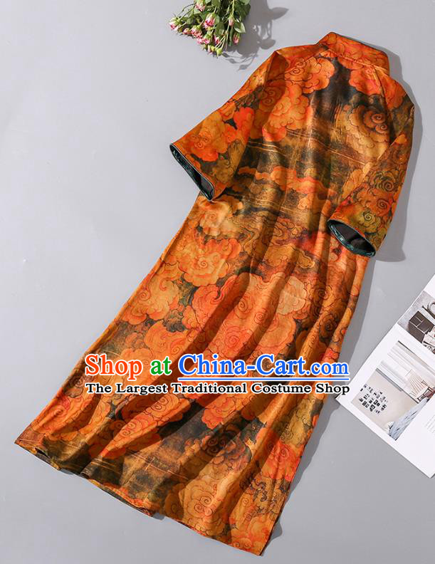 Asian Chinese Traditional Orange Silk Long Qipao Dress Woman Clothing Classical Clouds Pattern Cheongsam