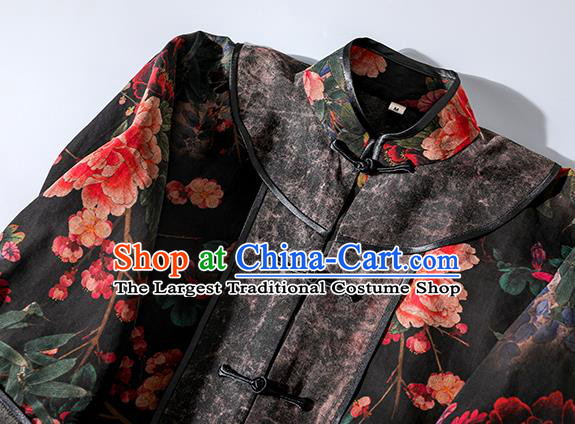 China Traditional Tang Suit Black Silk Long Dust Coat Classical Printing Peony Outer Garment Costume