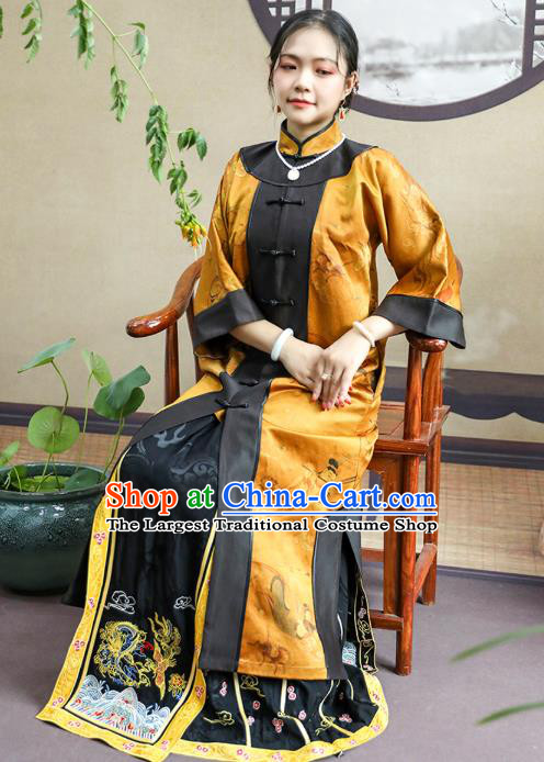 China Classical Flying Fairy Pattern Outer Garment Traditional Tang Suit Golden Silk Long Dust Coat Costume