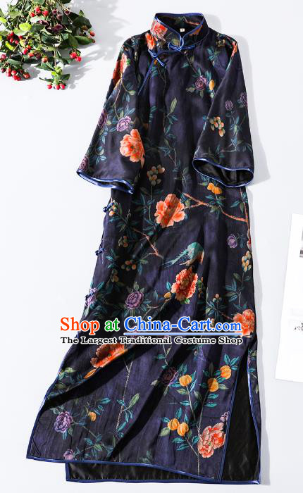 Asian Chinese National Clothing Classical Shanghai Navy Blue Silk Cheongsam Traditional Gambiered Guangdong Gauze Qipao Dress