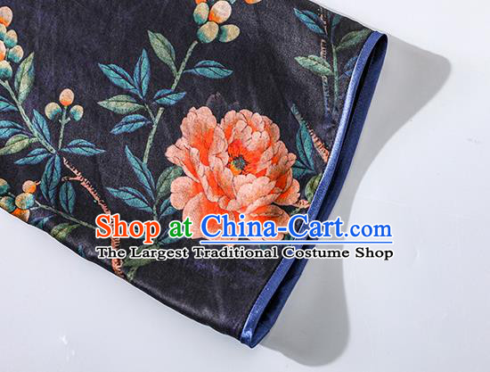Asian Chinese National Clothing Classical Shanghai Navy Blue Silk Cheongsam Traditional Gambiered Guangdong Gauze Qipao Dress