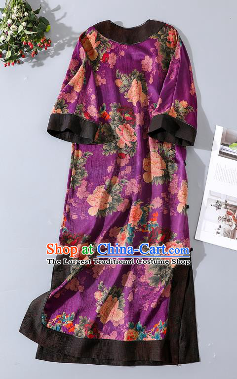Asian Chinese Classical Young Lady Purple Silk Cheongsam Traditional Peony Pattern Qipao Dress National Clothing