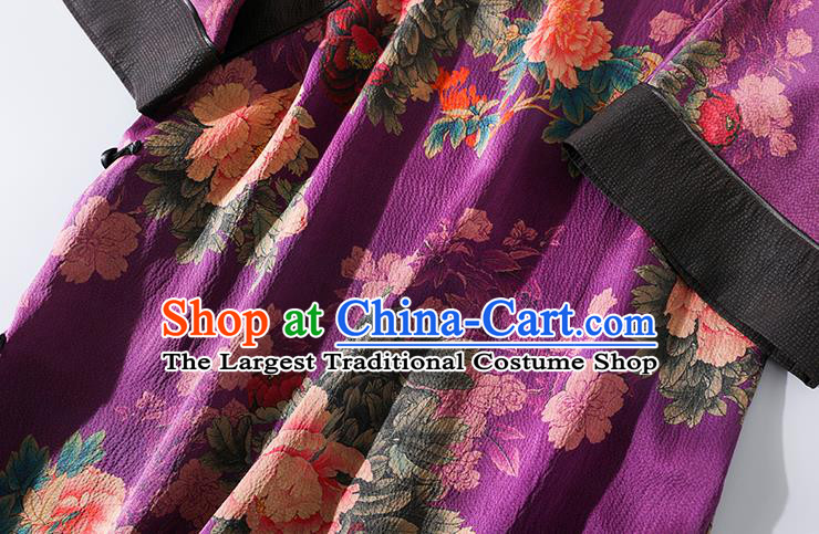 Asian Chinese Classical Young Lady Purple Silk Cheongsam Traditional Peony Pattern Qipao Dress National Clothing