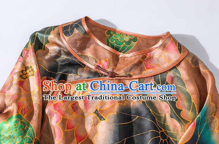 Asian Chinese Classical Orange Silk Cheongsam National Clothing Traditional Lotus Pattern Qipao Dress