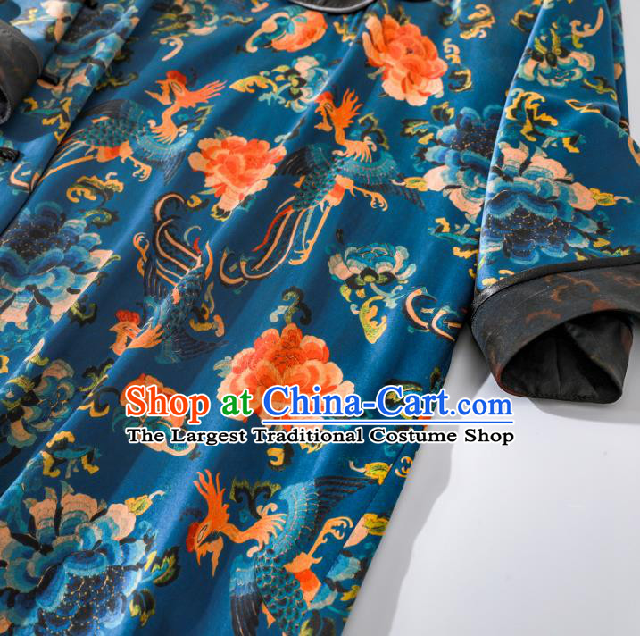 Asian Chinese Qing Dynasty Court Lady Clothing Traditional Phoenix Peony Pattern Qipao Dress Classical Blue Silk Cheongsam