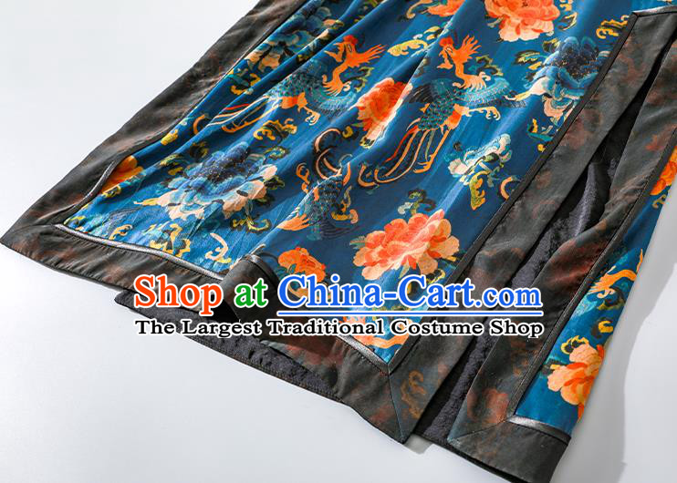 Asian Chinese Qing Dynasty Court Lady Clothing Traditional Phoenix Peony Pattern Qipao Dress Classical Blue Silk Cheongsam