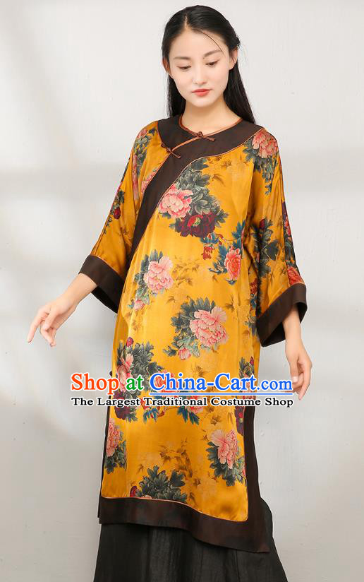 Asian Chinese Traditional Yellow Silk Qipao Dress Clothing Classical Peony Pattern Cheongsam