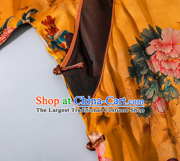 Asian Chinese Traditional Yellow Silk Qipao Dress Clothing Classical Peony Pattern Cheongsam