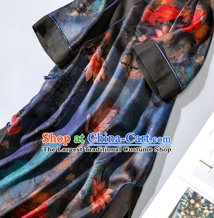 Asian Chinese Classical Lotus Pattern Design Cheongsam Traditional Shanghai Deep Blue Silk Qipao Dress Clothing