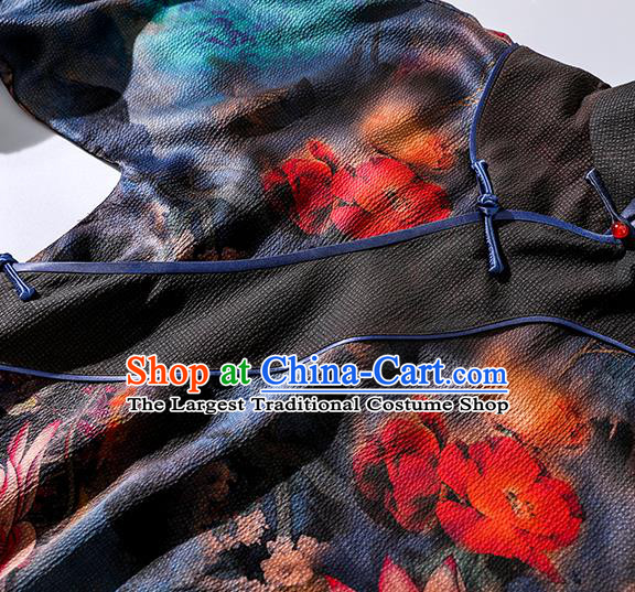 Asian Chinese Classical Lotus Pattern Design Cheongsam Traditional Shanghai Deep Blue Silk Qipao Dress Clothing