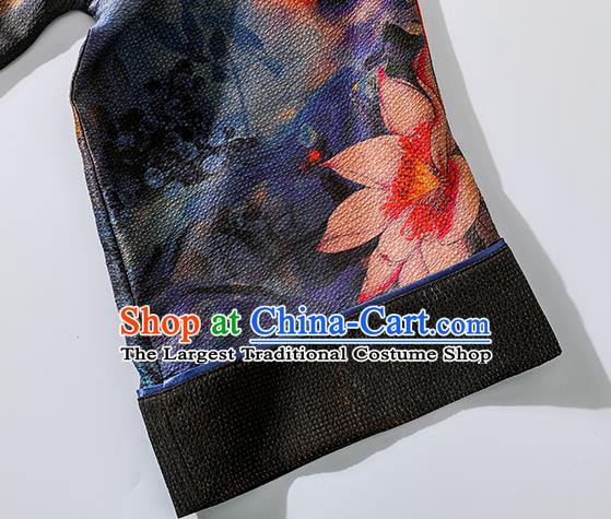 Asian Chinese Classical Lotus Pattern Design Cheongsam Traditional Shanghai Deep Blue Silk Qipao Dress Clothing