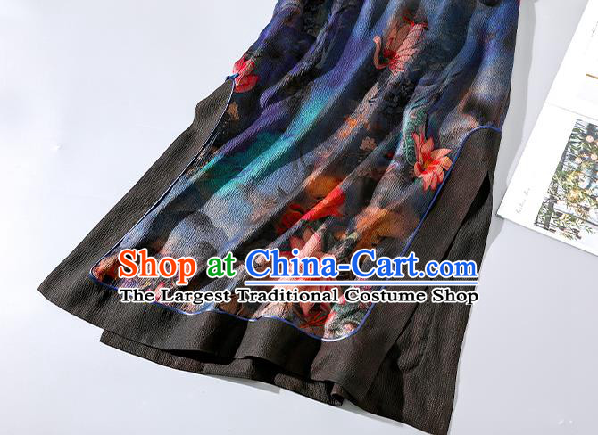 Asian Chinese Classical Lotus Pattern Design Cheongsam Traditional Shanghai Deep Blue Silk Qipao Dress Clothing
