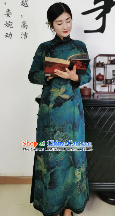 Asian Chinese Classical Lotus Pattern Cheongsam Costume Traditional Dark Green Silk Qipao Dress