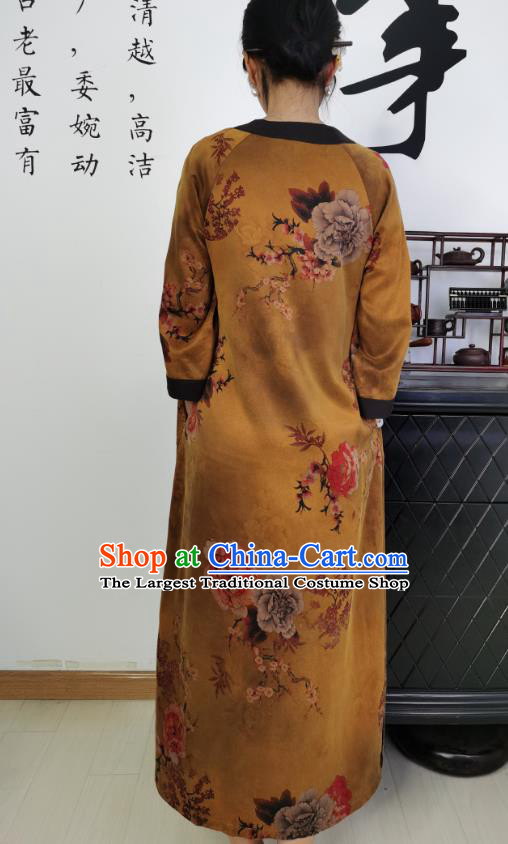Asian Chinese Traditional Ginger Silk Qipao Dress Classical Peony Pattern Cheongsam Costume