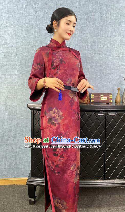 Asian Chinese Traditional Purple Silk Qipao Dress Classical Camellia Pattern Cheongsam Costume