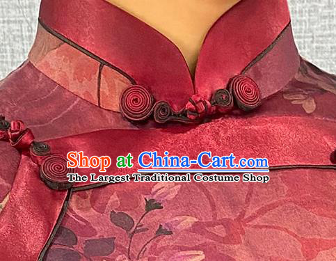 Asian Chinese Traditional Purple Silk Qipao Dress Classical Camellia Pattern Cheongsam Costume