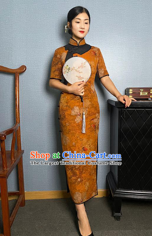 Asian Chinese Traditional Noble Beauty Qipao Dress Classical Mangnolia Pattern Orange Silk Cheongsam Costume