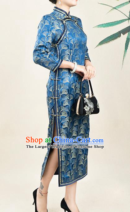 Asian Chinese Classical Shell Pattern Blue Silk Cheongsam Costume Traditional Mother Song Brocade Qipao Dress