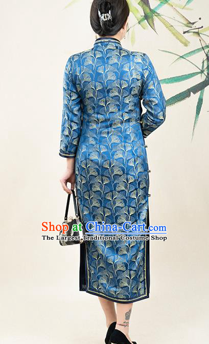 Asian Chinese Classical Shell Pattern Blue Silk Cheongsam Costume Traditional Mother Song Brocade Qipao Dress