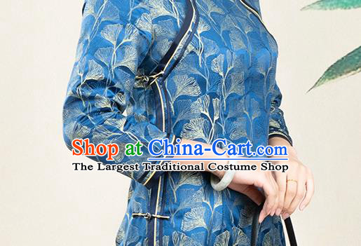 Asian Chinese Classical Shell Pattern Blue Silk Cheongsam Costume Traditional Mother Song Brocade Qipao Dress