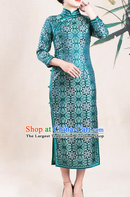 Asian Chinese Classical Elderly Woman Silk Cheongsam Costume Traditional Bride Mother Green Brocade Qipao Dress