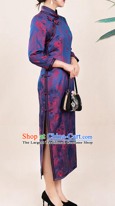 Asian Chinese Classical Silk Cheongsam Costume Traditional Noble Mistress Purple Brocade Qipao Dress