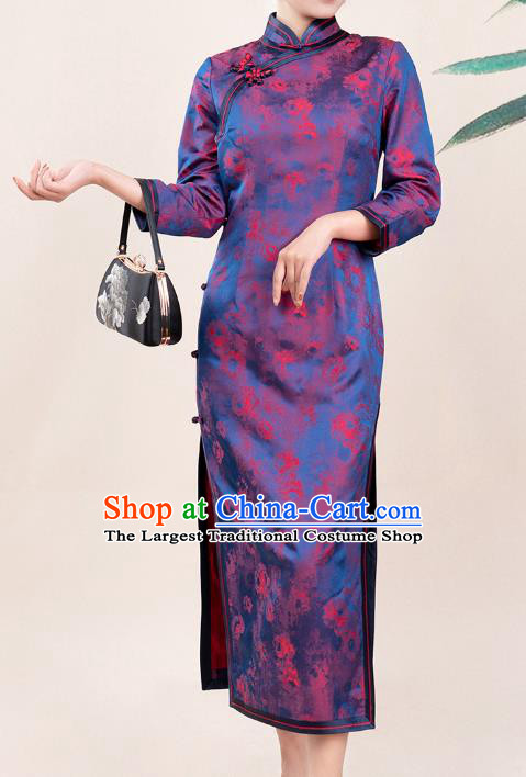 Asian Chinese Classical Silk Cheongsam Costume Traditional Noble Mistress Purple Brocade Qipao Dress