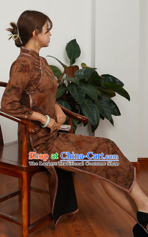 Asian Chinese Young Beauty Classical Brown Silk Cheongsam Costume Traditional Shanghai Woman Qipao Dress