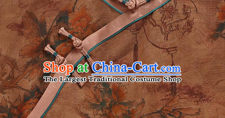 Asian Chinese Young Beauty Classical Brown Silk Cheongsam Costume Traditional Shanghai Woman Qipao Dress
