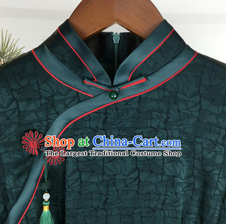 Chinese Classical Young Mistress Cheongsam Traditional Deep Green Silk Qipao Dress Clothing