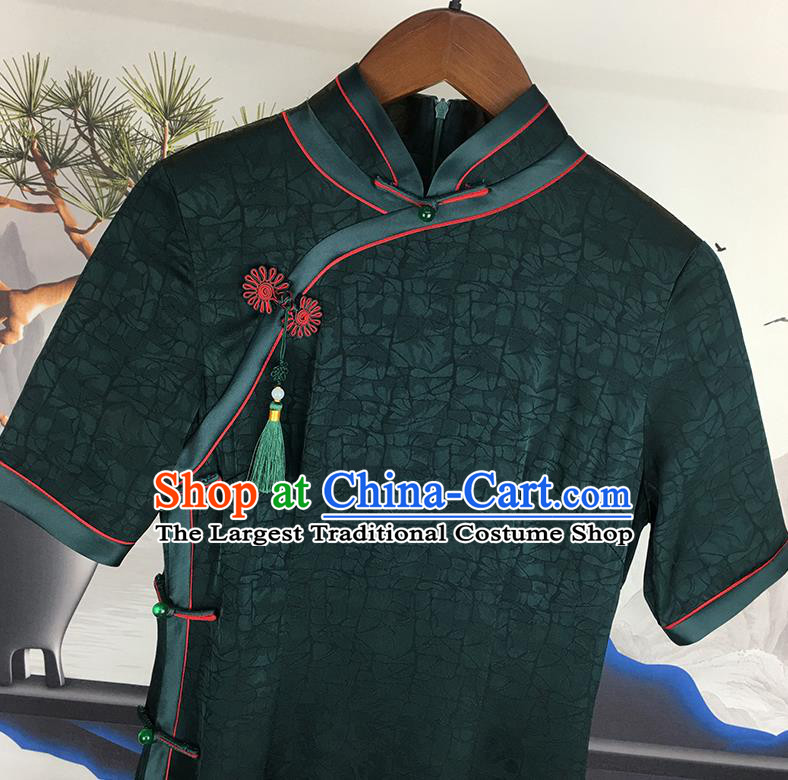 Chinese Classical Young Mistress Cheongsam Traditional Deep Green Silk Qipao Dress Clothing