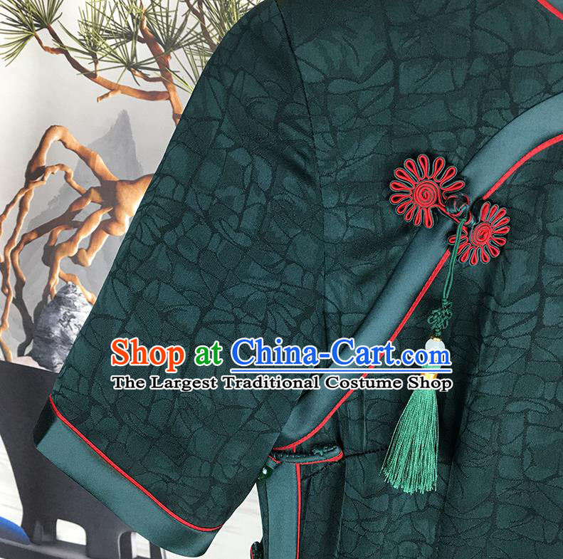 Chinese Classical Young Mistress Cheongsam Traditional Deep Green Silk Qipao Dress Clothing