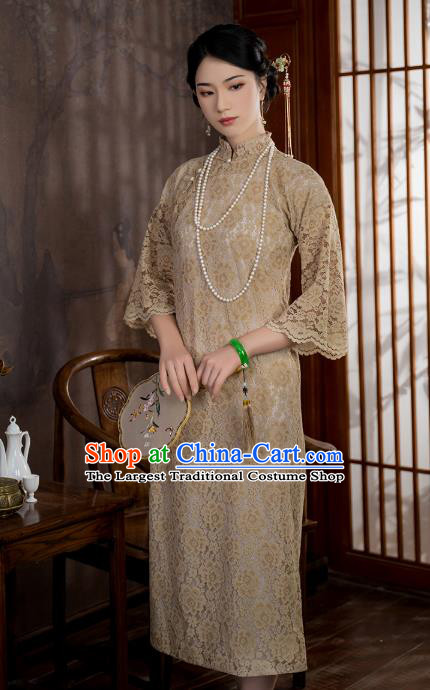 China National Apricot Lace Qipao Dress Clothing Traditional Young Lady Wide Sleeve Cheongsam