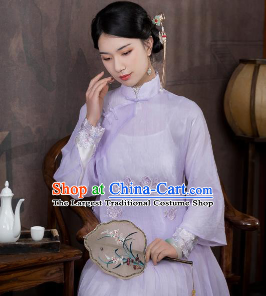 China Traditional Qipao Shirt Upper Outer Garment National Woman Embroidered Lilac Blouse