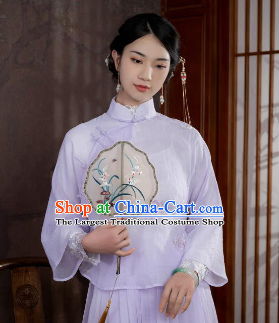 China Traditional Qipao Shirt Upper Outer Garment National Woman Embroidered Lilac Blouse