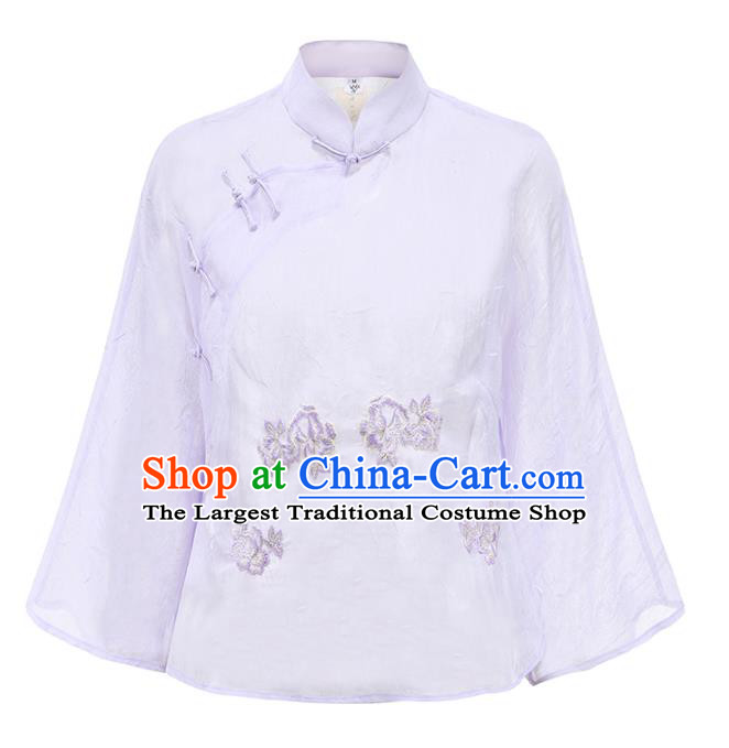 China Traditional Qipao Shirt Upper Outer Garment National Woman Embroidered Lilac Blouse