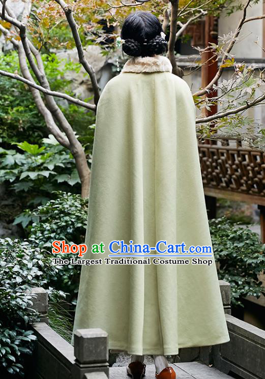 Chinese Traditional Embroidered Green Woolen Cape Costume National Women Tang Suit Long Cloak Overcoat