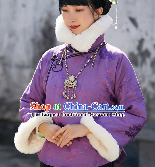 China Traditional Stand Collar Overcoat Outer Garment National Woman Purple Silk Cotton Wadded Jacket