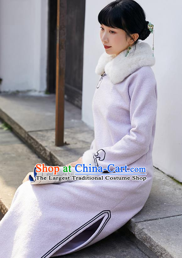 China National Lapel Qipao Dress Clothing Traditional Winter Purple Woolen Cheongsam