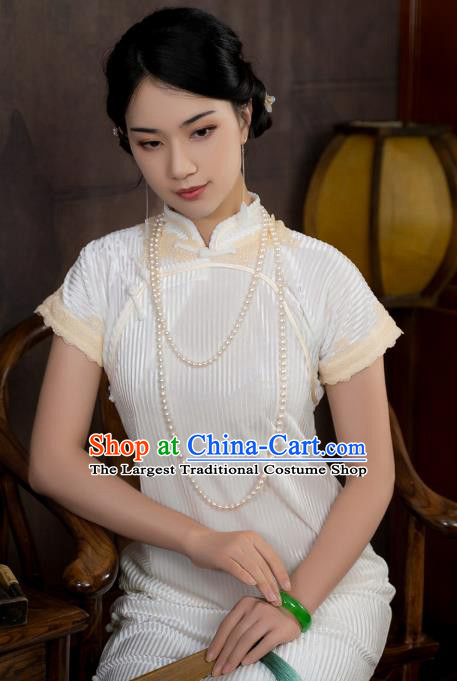 China National Young Lady Qipao Dress Clothing Traditional White Velvet Cheongsam