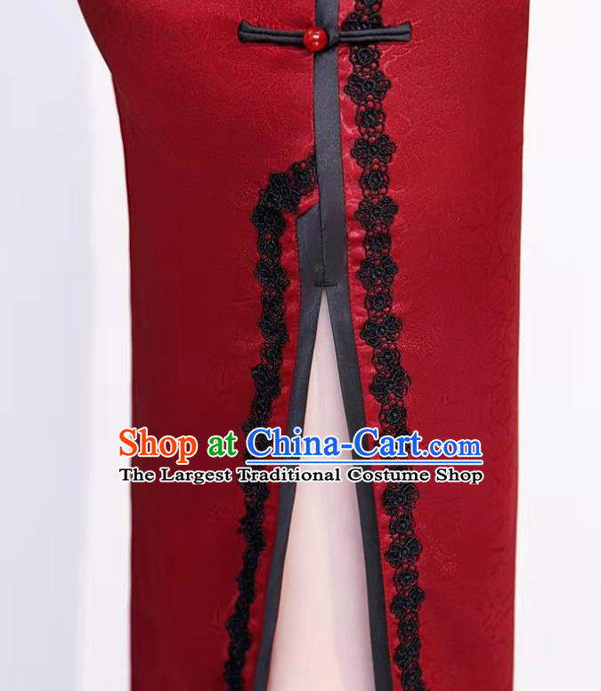 Chinese Stage Show Red Silk Qipao Dress National Young Woman Cheongsam Party Clothing