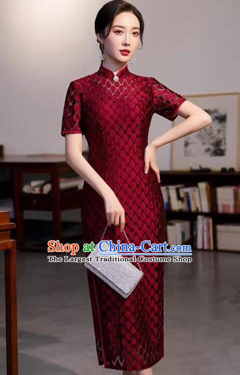 Chinese Modern Wine Red Cheongsam Traditional Wedding Bride Qipao Dress Clothing