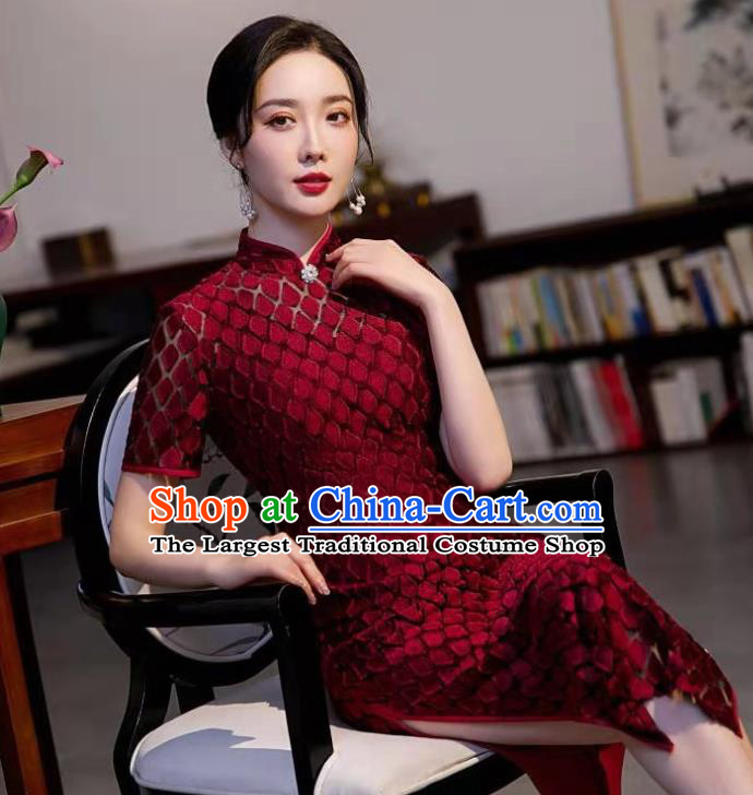 Chinese Modern Wine Red Cheongsam Traditional Wedding Bride Qipao Dress Clothing